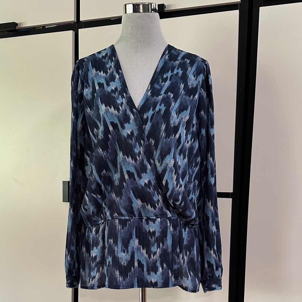 Michael Kors Navy and Light Blue Faux Wrap Blouse Top